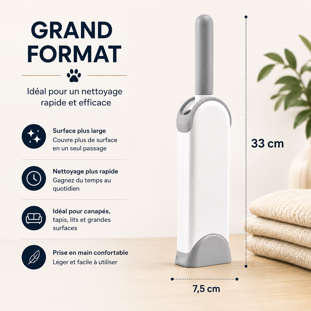 Brosse anti-poils pour animaux grand format de 33 cm