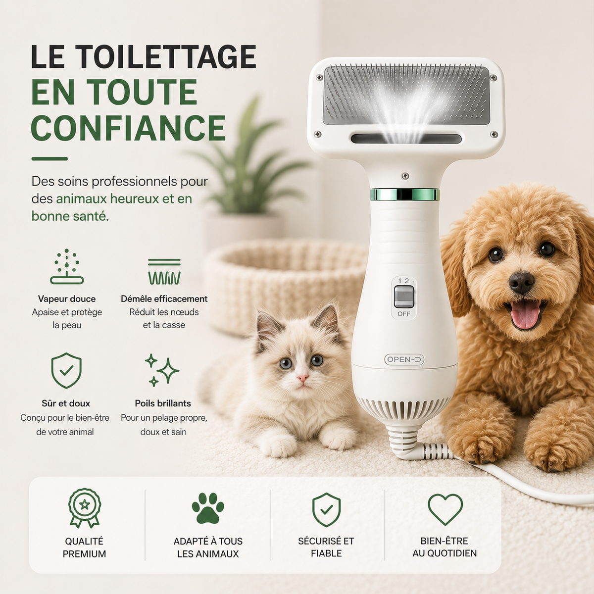 Brosse et sèche-cheveux 2 en 1 pour démêler et sécher le pelage des animaux