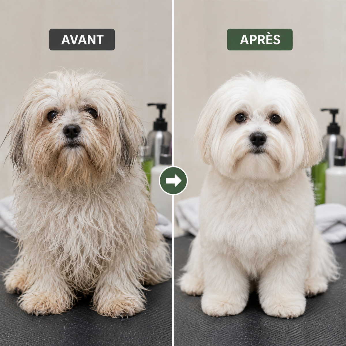 Avant et après l’utilisation de la brosse séchante sur le pelage d’un chien
