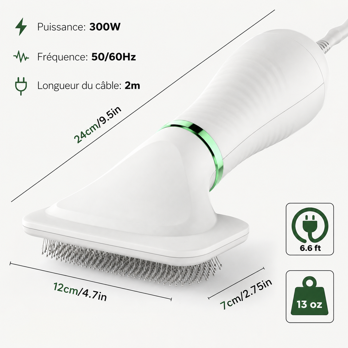 Brosse séchante pour chien 300 W avec dimensions de 24 cm et câble de 2 m
