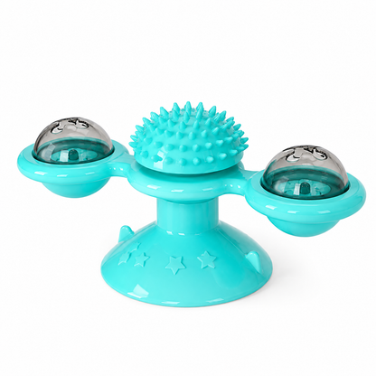 Jouet pour chat à ventouse avec moulin rotatif turquoise