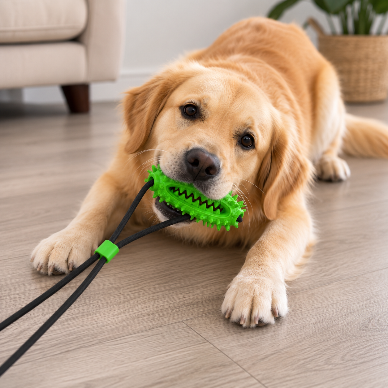 Chien utilisant un jouet dentaire avec distributeur de friandises