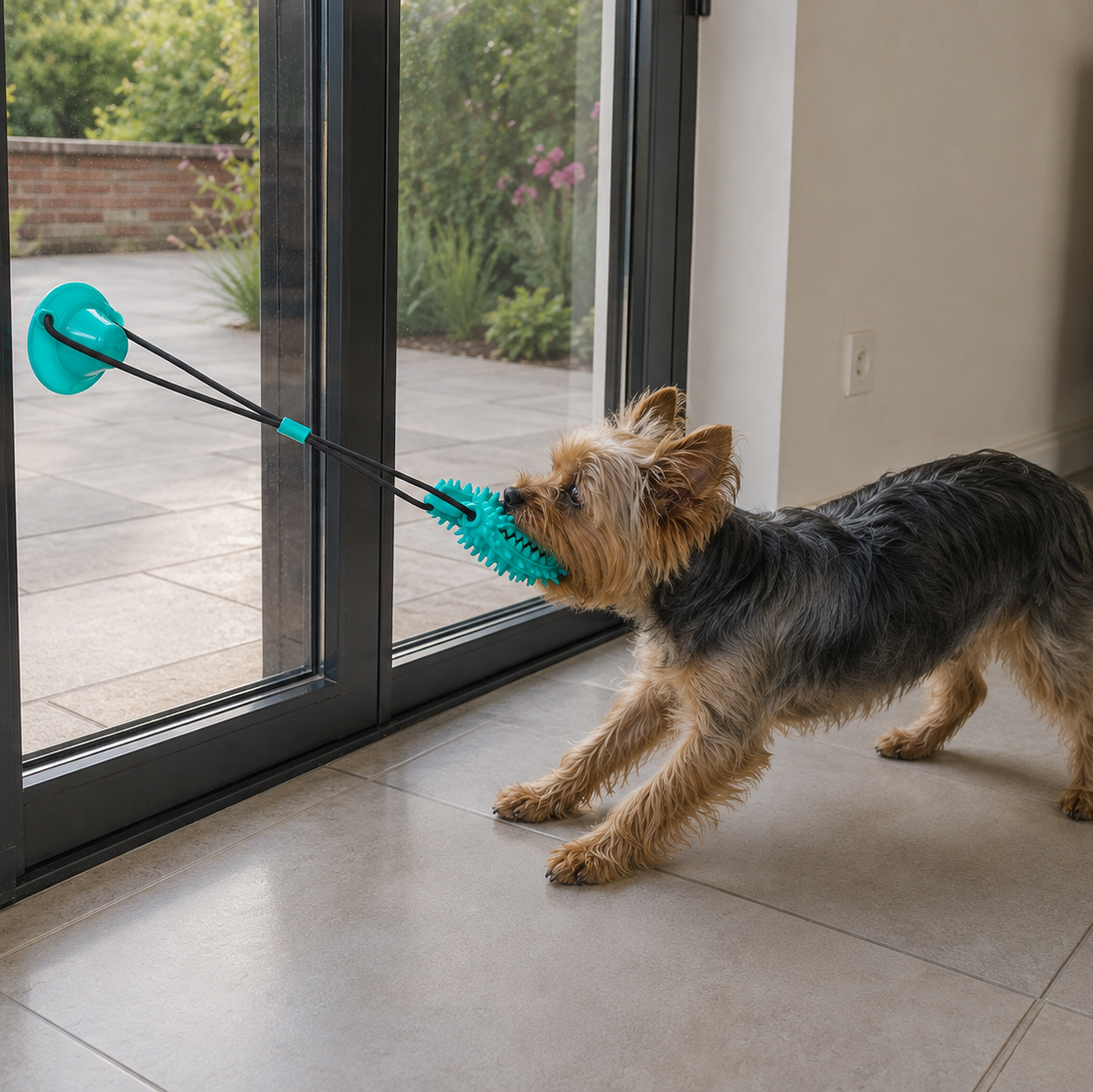 Chien jouant avec un jouet interactif à ventouses