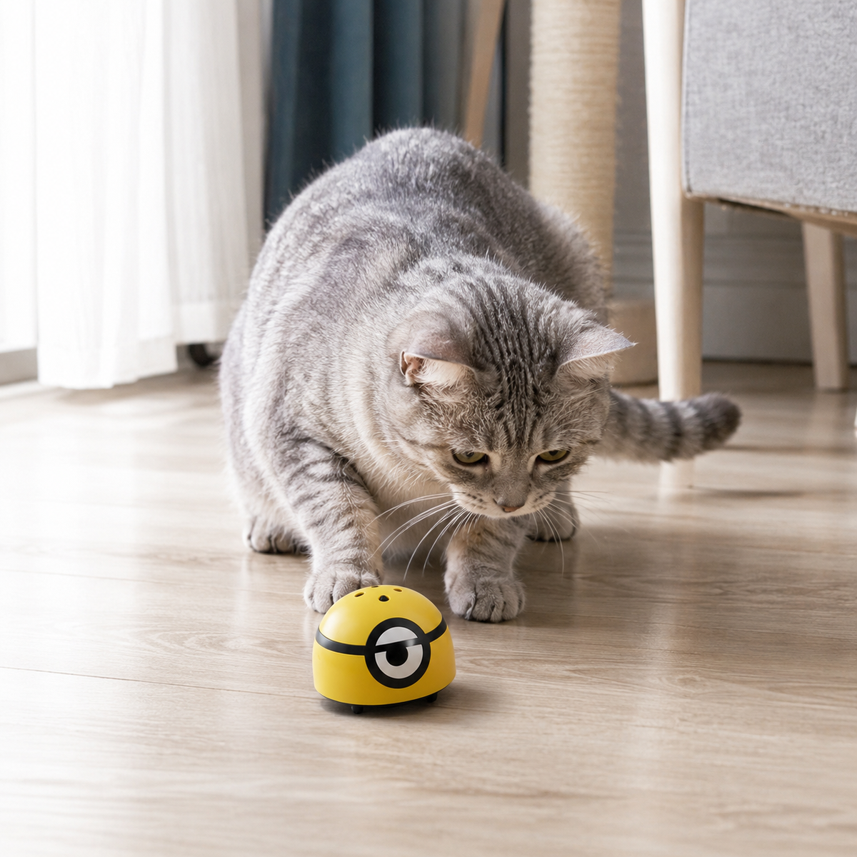 Chat jouant avec un jouet interactif pour stimuler son instinct de chasse