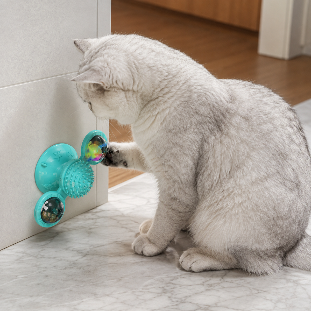 Jouet interactif pour chat à ventouse avec moulin rotatif