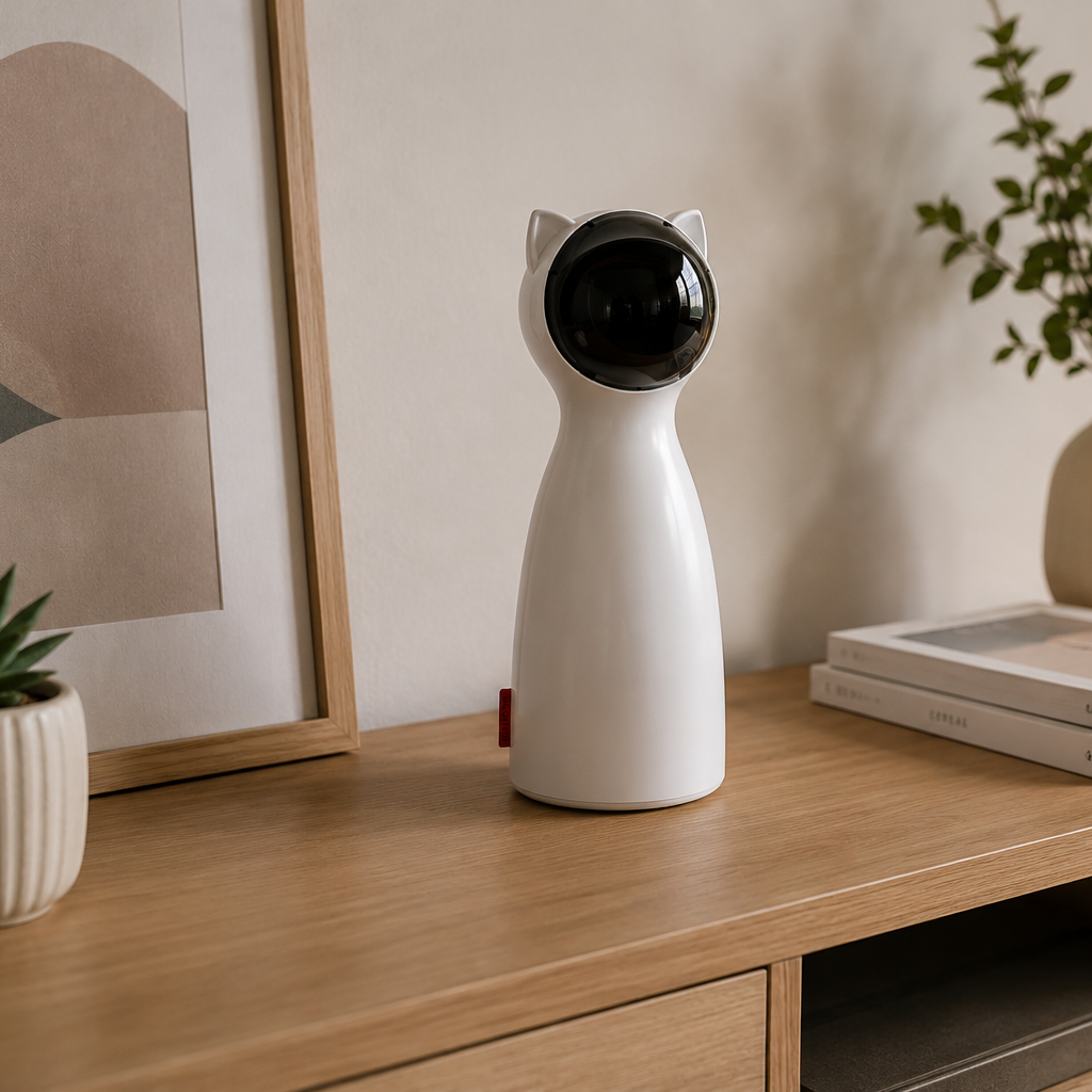 Jouet laser automatique pour chat posé sur un meuble dans un intérieur moderne