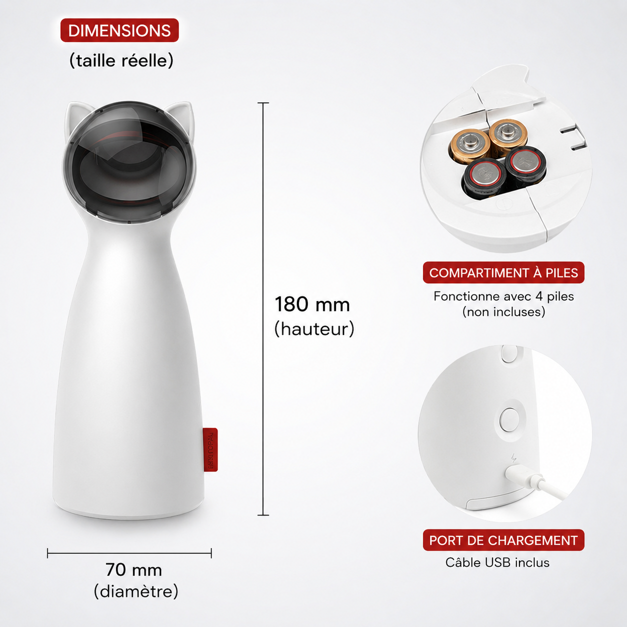 Jouet laser pour chat avec dimensions, compartiment à piles AA et port de charge USB