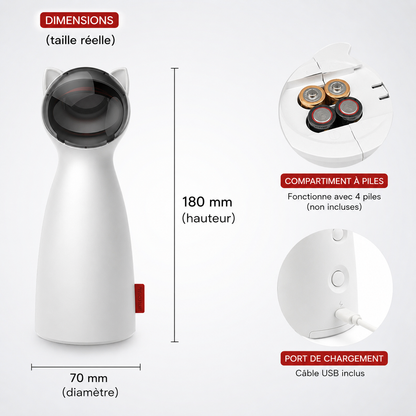 Jouet laser pour chat avec dimensions, compartiment à piles AA et port de charge USB