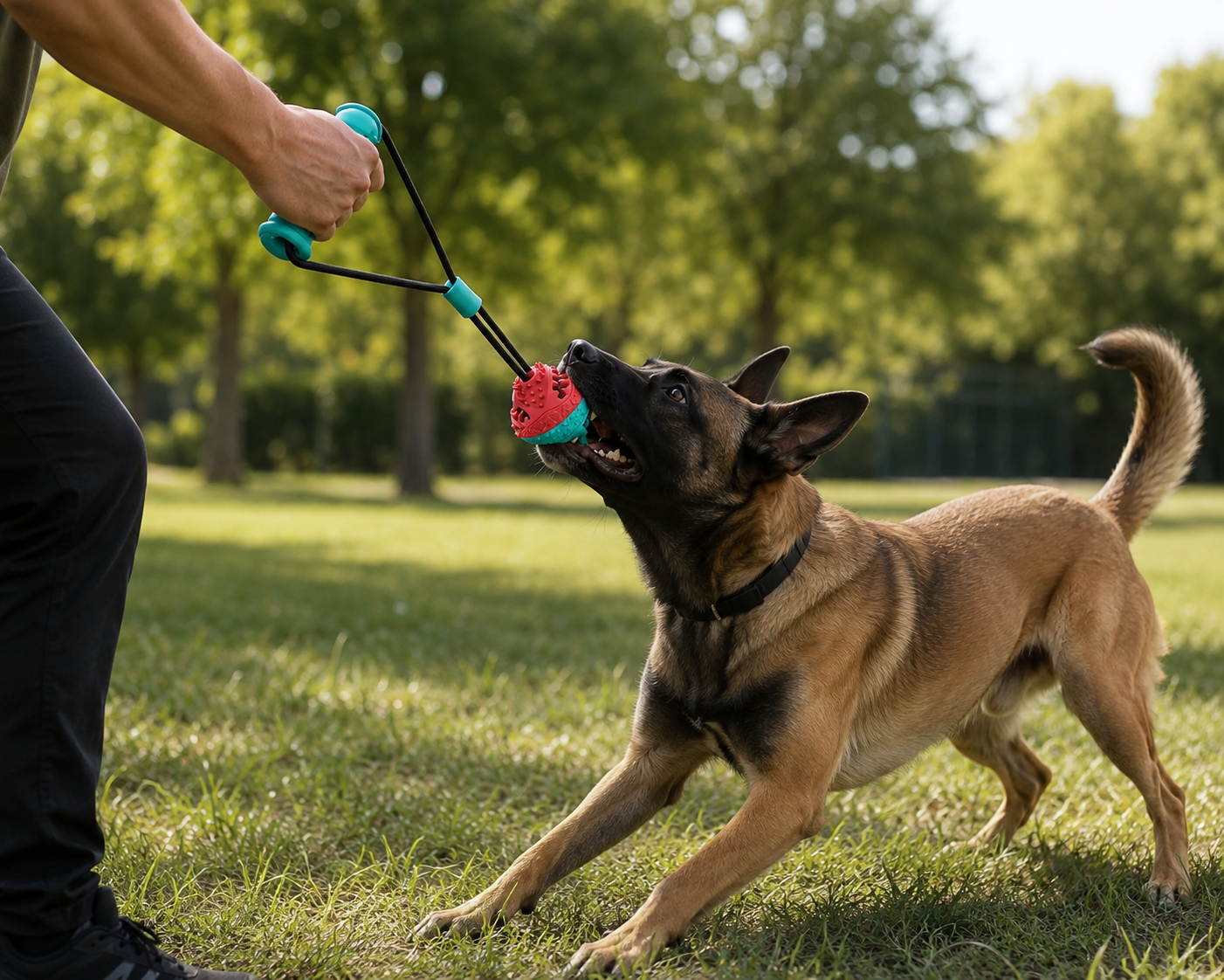 Chien jouant au tir à la corde avec un jouet à balle de traction