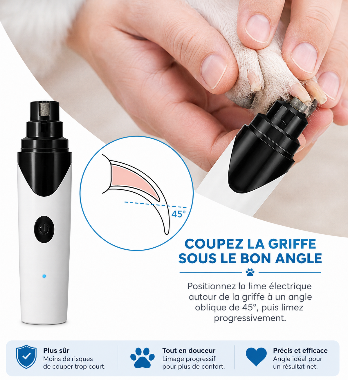 Lime à griffes pour chien et chat utilisée à 45 degrés pour un limage précis et progressif