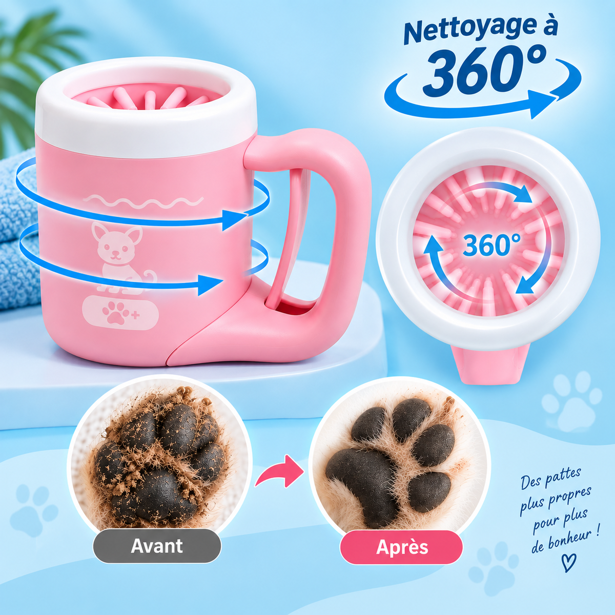 Avant après du nettoyage des pattes d'un chien avec un nettoyeur de pattes