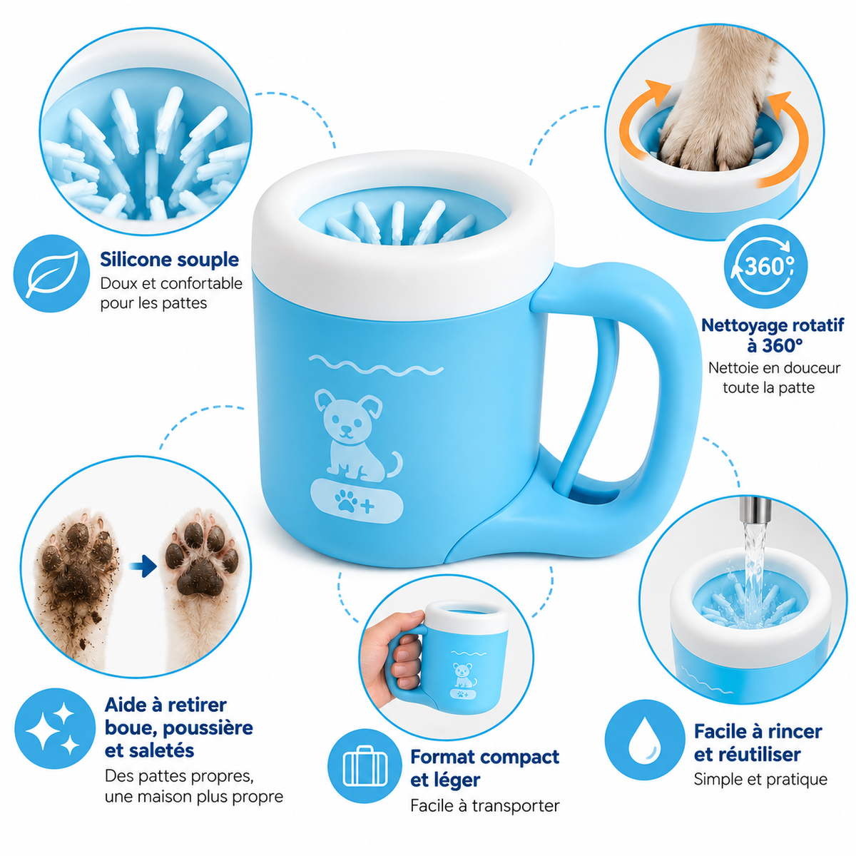 Nettoyeur de pattes pour chien avec embouts en silicone souple et nettoyage à 360 degrés