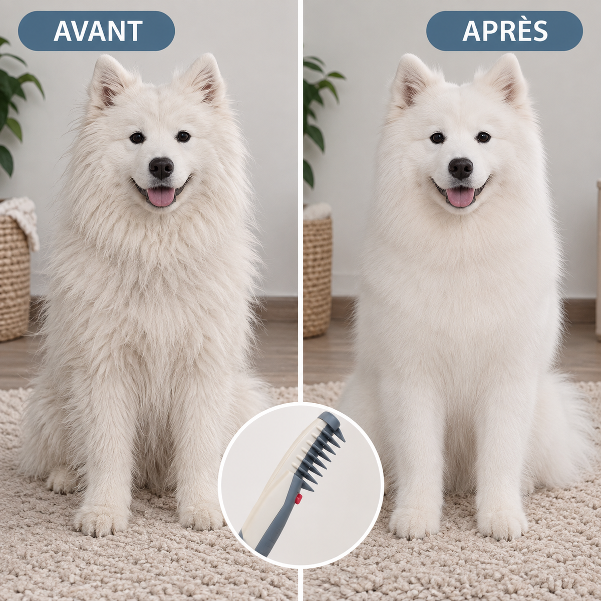 Avant après du pelage d'un chien après utilisation du peigne de toilettage
