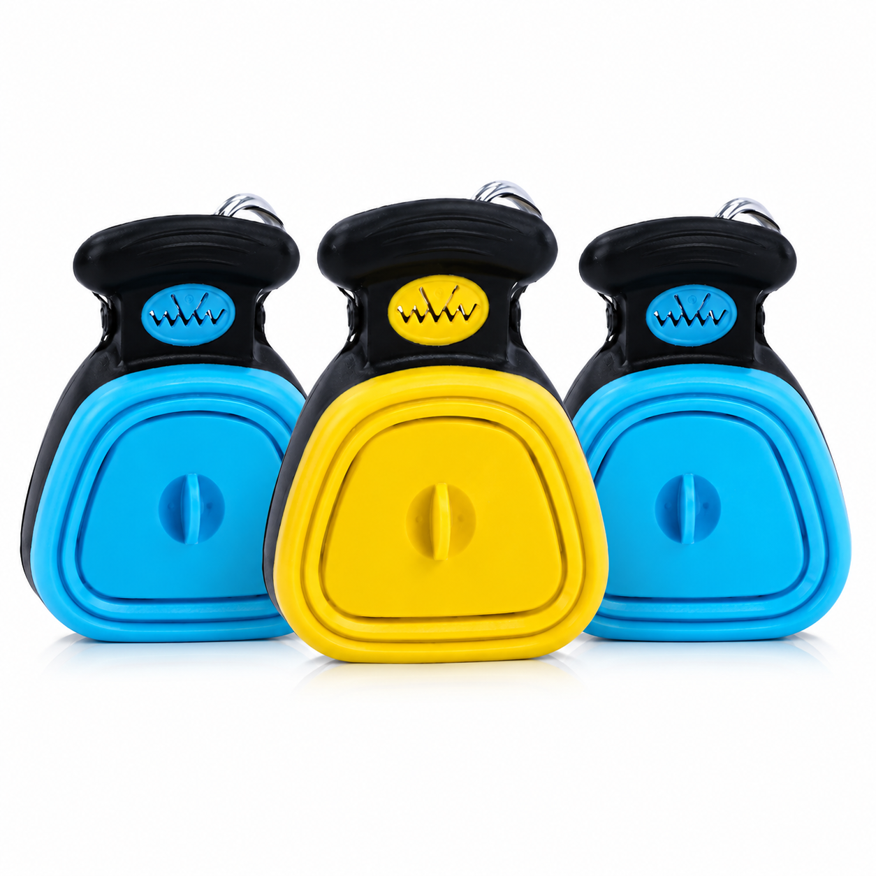 Ramasse-crotte pour chien avec distributeur de sacs disponible en bleu et jaune