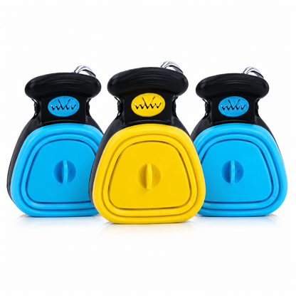 Ramasse-crotte pour chien avec distributeur de sacs disponible en bleu et jaune